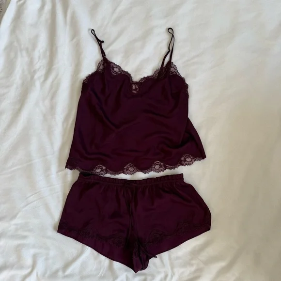 Victoria's Secret Burgundy Lace Trim Pajama Set - Picture 1 of 7